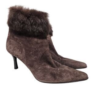 Vintage Y2K Max de Carlo 9 Chocolate Brown Leather Suede Fur Trim Heel Boot